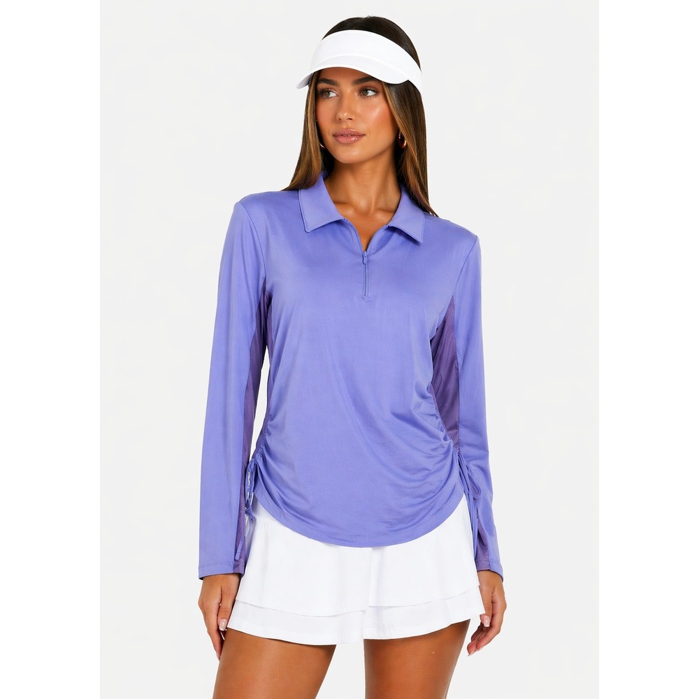 IBKUL Purple Long Sleeve Ruched 1/4 Zip UPF 50+ Golf Polo Tennis Shirt Top L